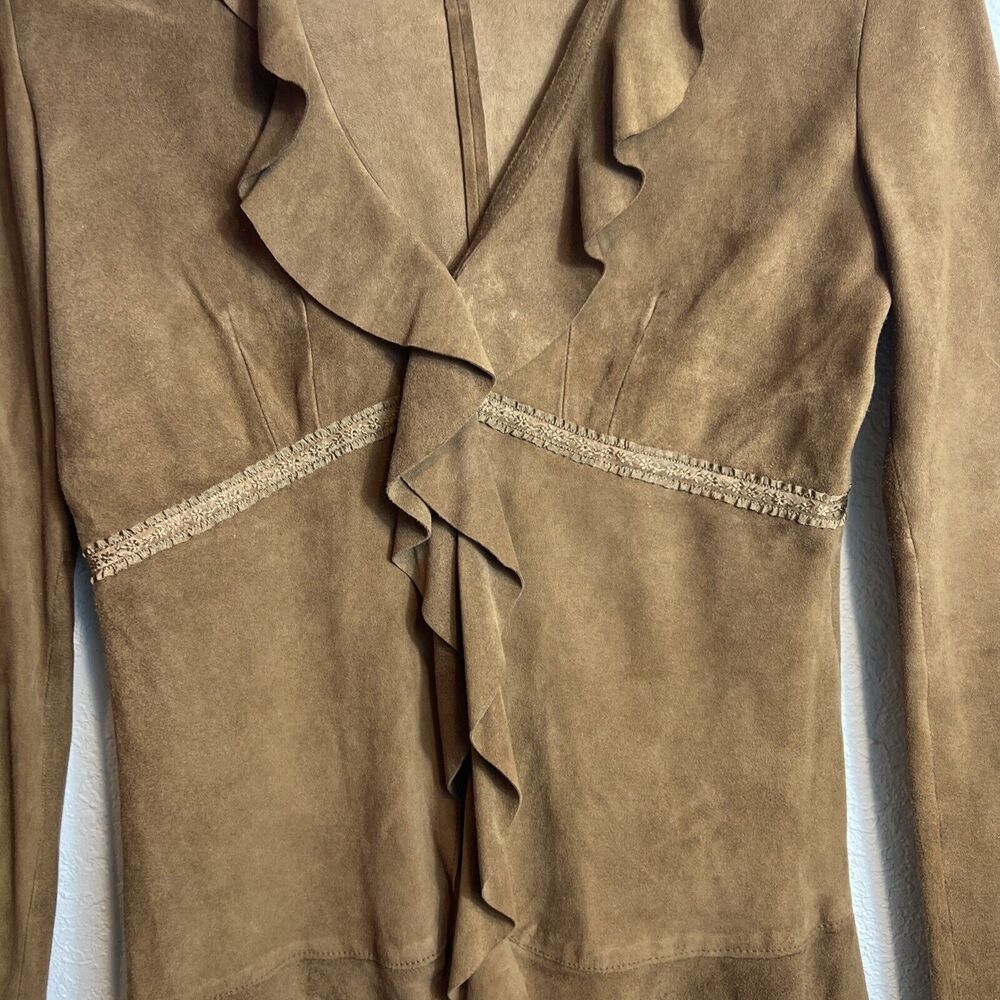 Express Y2K Ruffled Brown Genuine Suede Top Women's 5/6 - Picture 2 of 11
